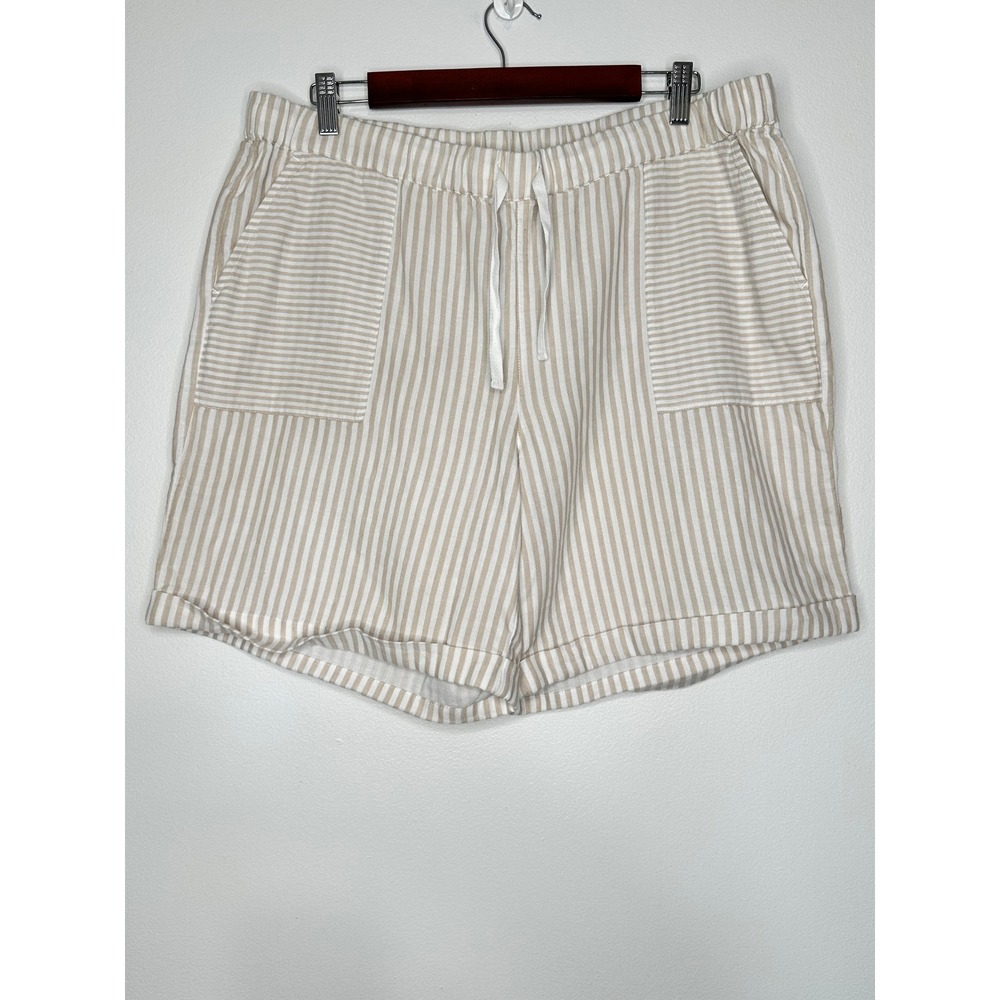 J Jill Shorts Striped Cotton Drawstring Elastic Waist Size L Tan White Cuffed